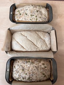 Cold proofed seeded wild yeast water einkorn pan loaves