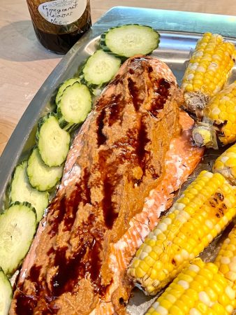 Muhamarra on grilled salmon